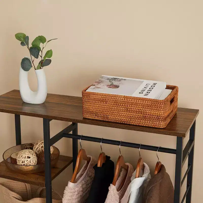 Portant à Vêtements Ouvert avec Étagères et Tringle, Marron/Chêne/Blanc, Simple