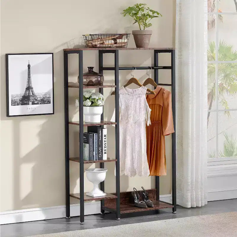 Portant à Vêtements Ouvert avec Étagères et Tringle, Marron/Chêne/Blanc, Simple