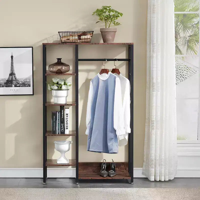 Portant à Vêtements Ouvert avec Étagères et Tringle, Marron/Chêne/Blanc, Simple