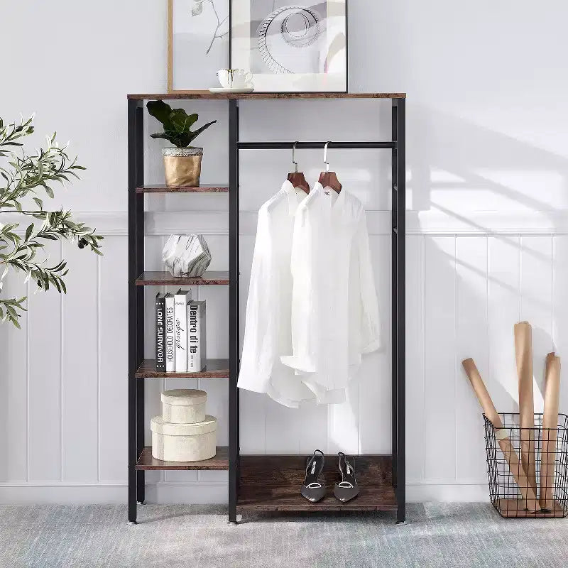 Portant à Vêtements Ouvert avec Étagères et Tringle, Marron/Chêne/Blanc, Simple