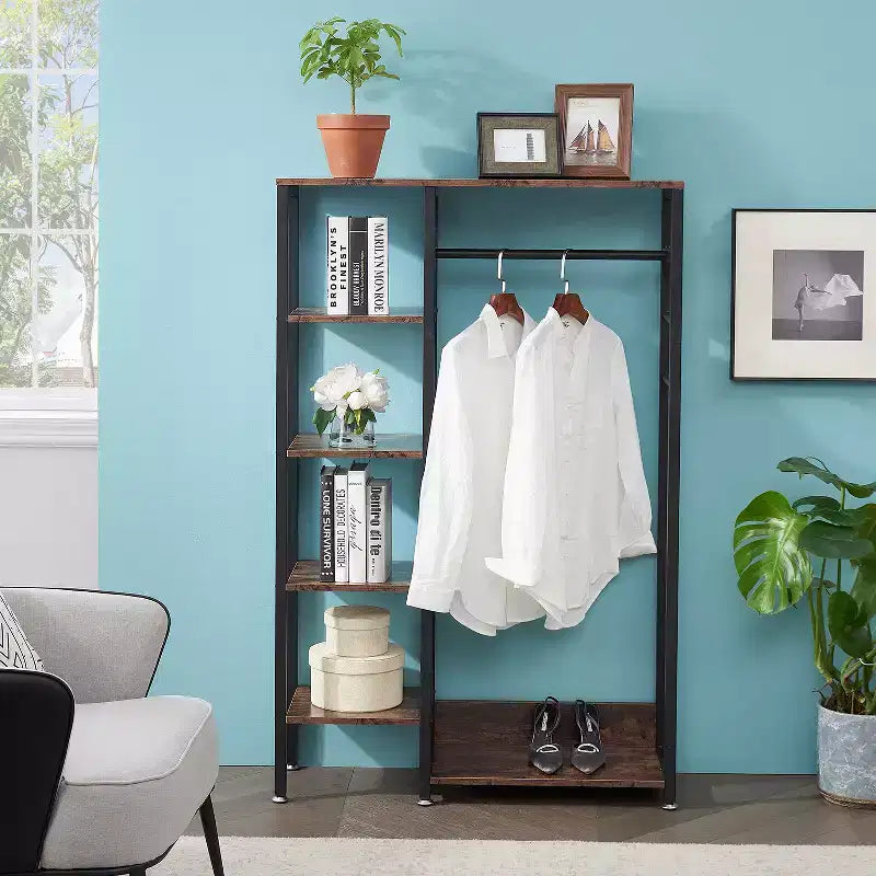 Portant à Vêtements Ouvert avec Étagères et Tringle, Marron/Chêne/Blanc, Simple