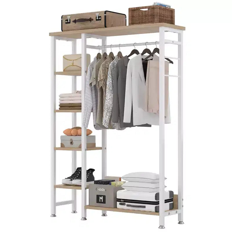 Portant à Vêtements Ouvert avec Étagères et Tringle, Marron/Chêne/Blanc, Simple