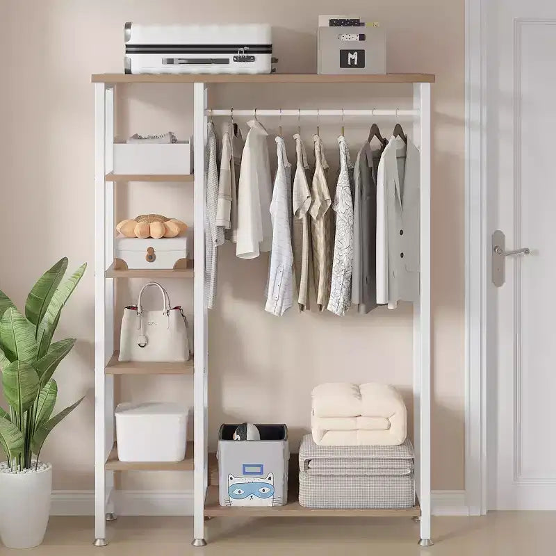 Portant à Vêtements Ouvert avec Étagères et Tringle, Marron/Chêne/Blanc, Simple