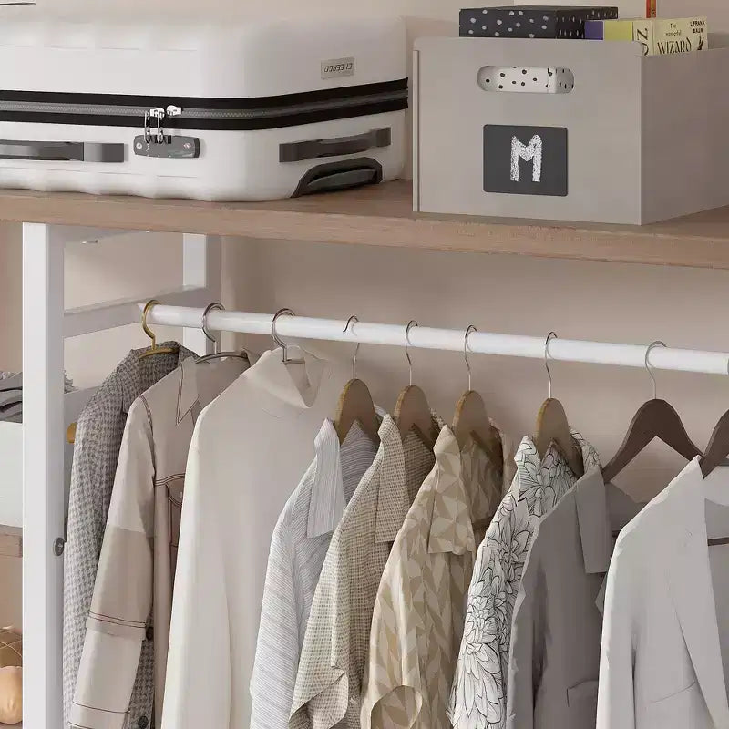 Portant à Vêtements Ouvert avec Étagères et Tringle, Marron/Chêne/Blanc, Simple
