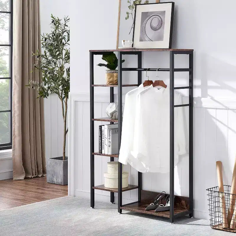 Portant à Vêtements Ouvert avec Étagères et Tringle, Marron/Chêne/Blanc, Simple