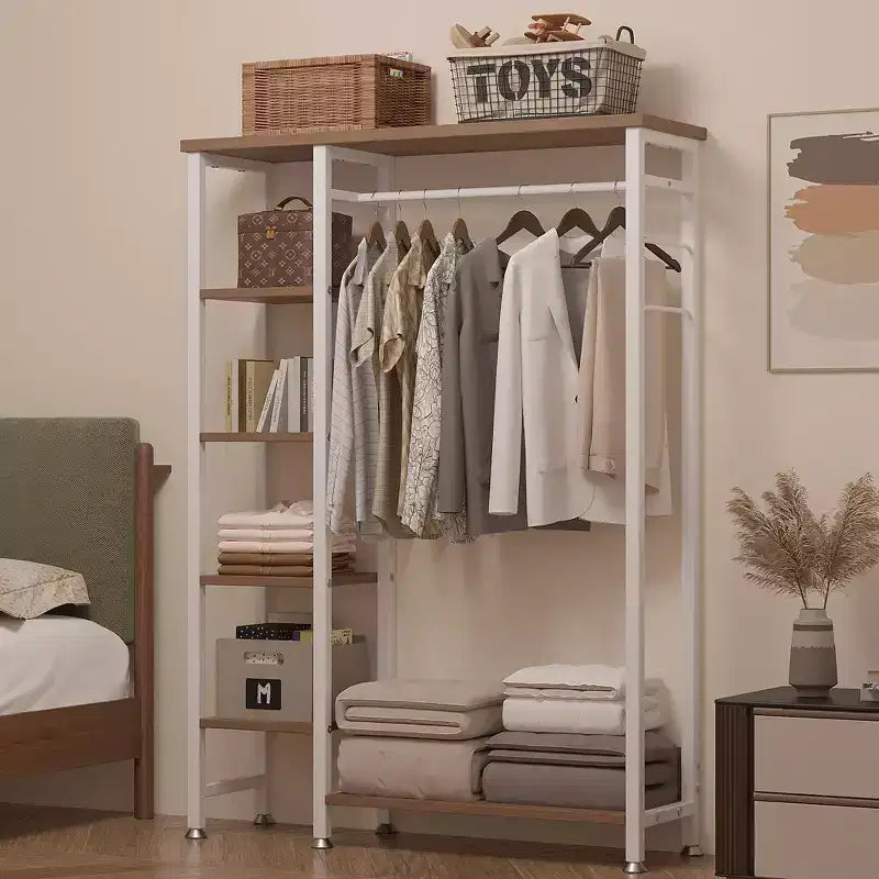Portant à Vêtements Ouvert avec Étagères et Tringle, Marron/Chêne/Blanc, Simple