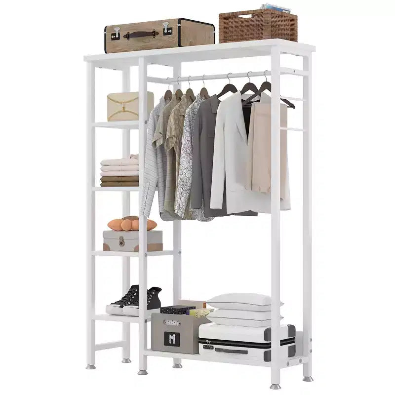 Portant à Vêtements Ouvert avec Étagères et Tringle, Marron/Chêne/Blanc, Simple