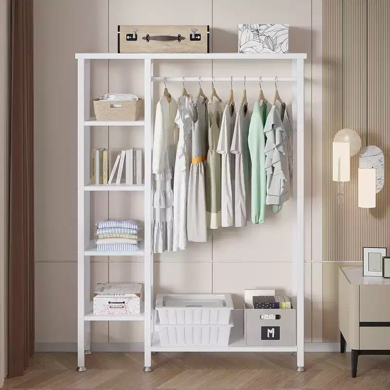 Portant à Vêtements Ouvert avec Étagères et Tringle, Marron/Chêne/Blanc, Simple