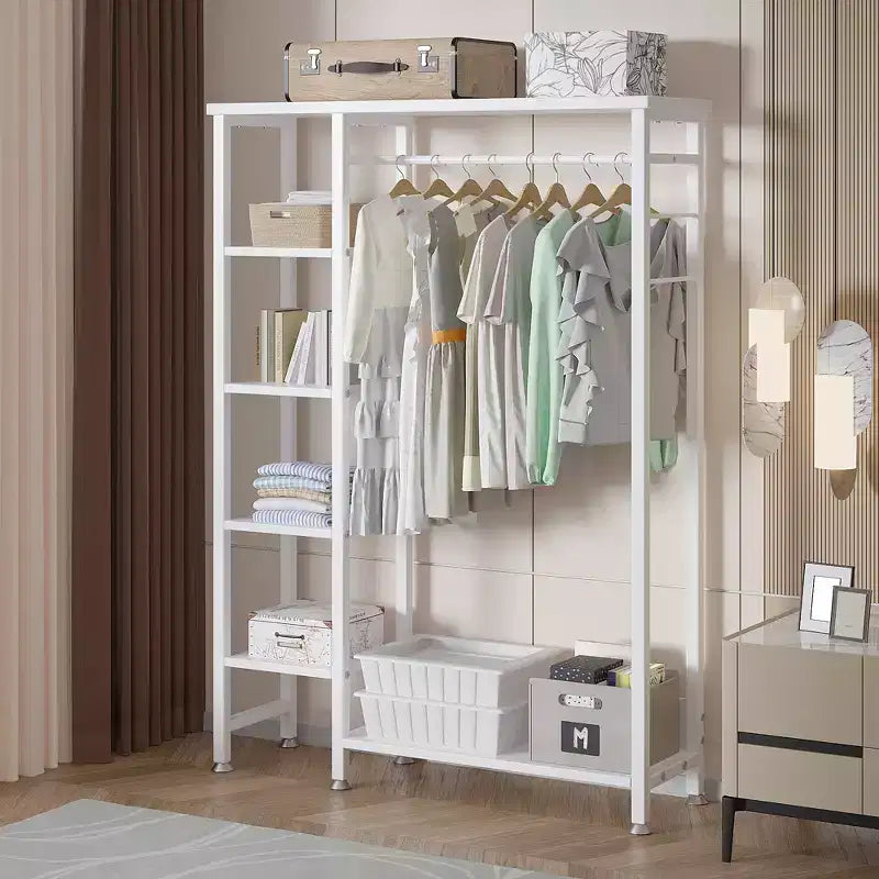 Portant à Vêtements Ouvert avec Étagères et Tringle, Marron/Chêne/Blanc, Simple