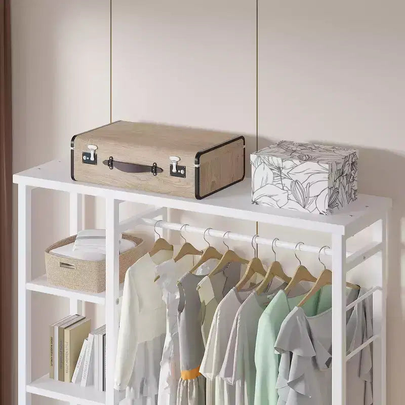 Portant à Vêtements Ouvert avec Étagères et Tringle, Marron/Chêne/Blanc, Simple
