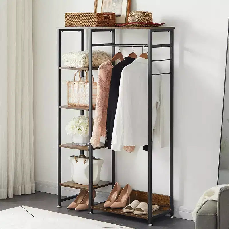 Portant à Vêtements Ouvert avec Étagères et Tringle, Marron/Chêne/Blanc, Simple