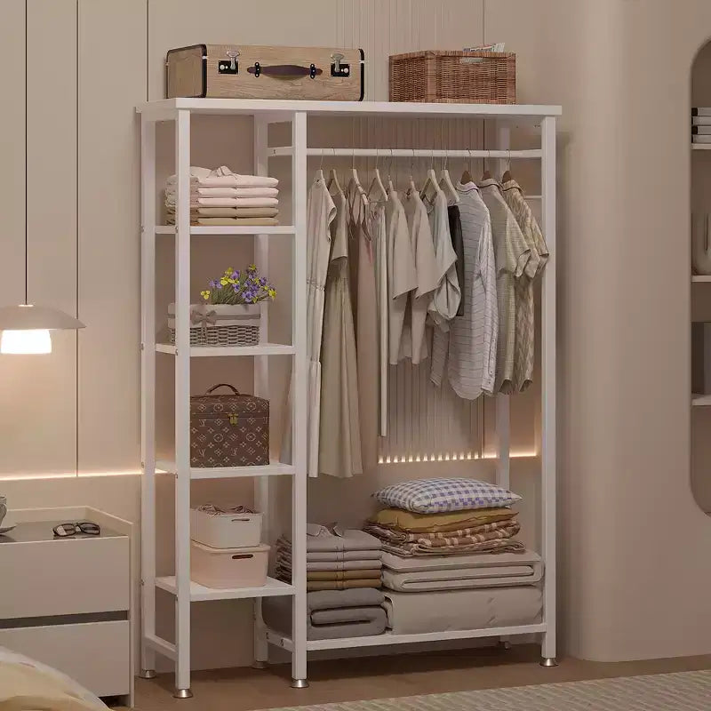 Portant à Vêtements Ouvert avec Étagères et Tringle, Marron/Chêne/Blanc, Simple