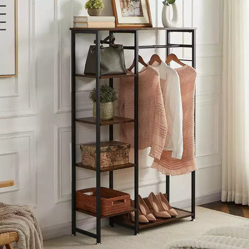 Portant à Vêtements Ouvert avec Étagères et Tringle, Marron/Chêne/Blanc, Simple