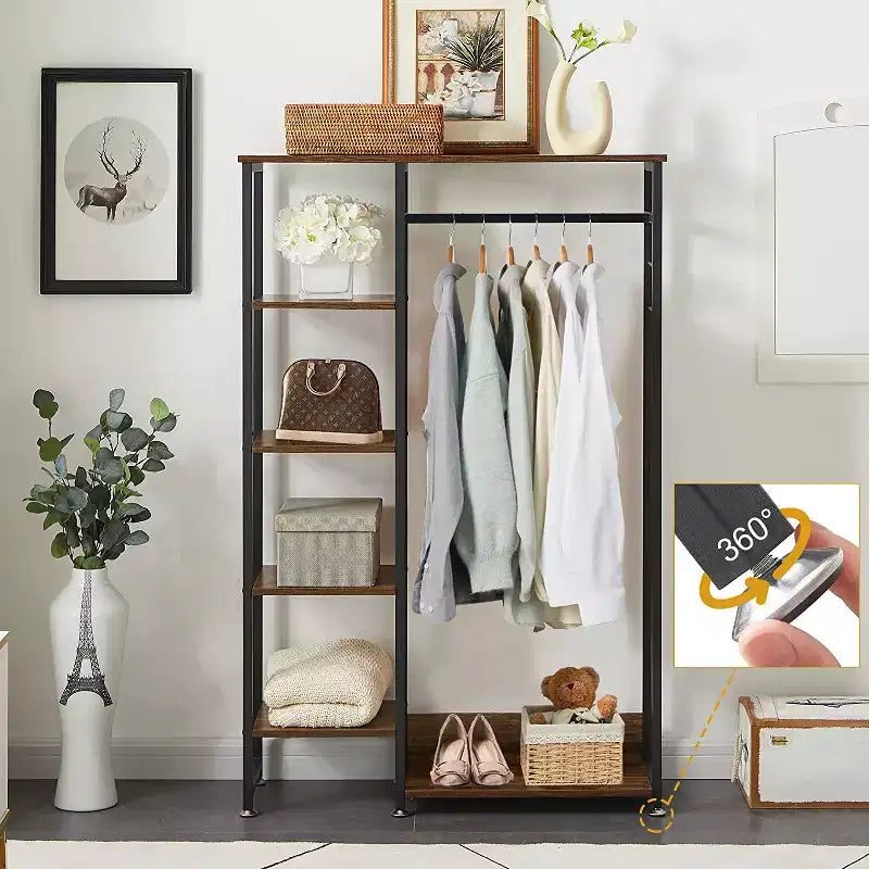 Portant à Vêtements Ouvert avec Étagères et Tringle, Marron/Chêne/Blanc, Simple