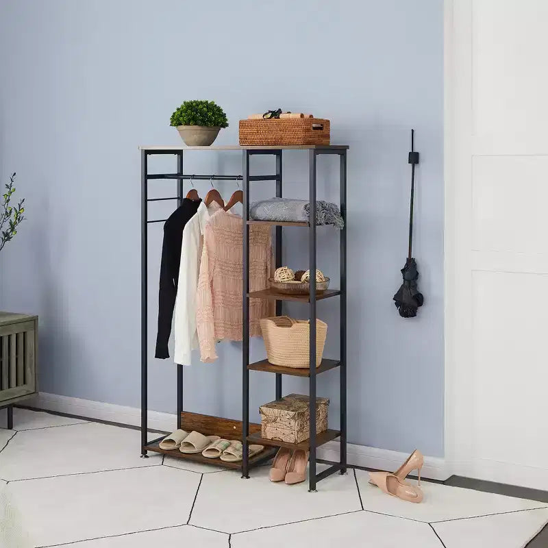 Portant à Vêtements Ouvert avec Étagères et Tringle, Marron/Chêne/Blanc, Simple