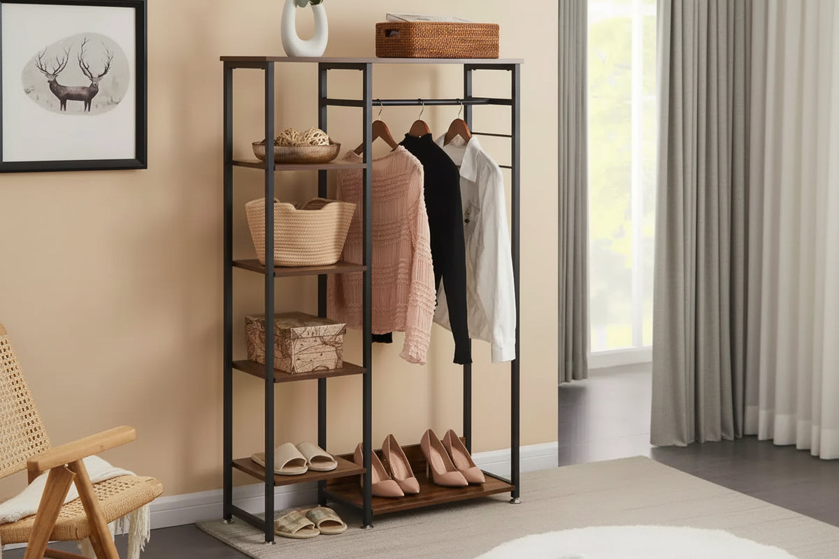 VECELO Open Garment Clothing Rack, Heavy Duty Free-Standing Storage Closet with 5 Shelves & Hanging Rod for Small Spaces, Oak/White