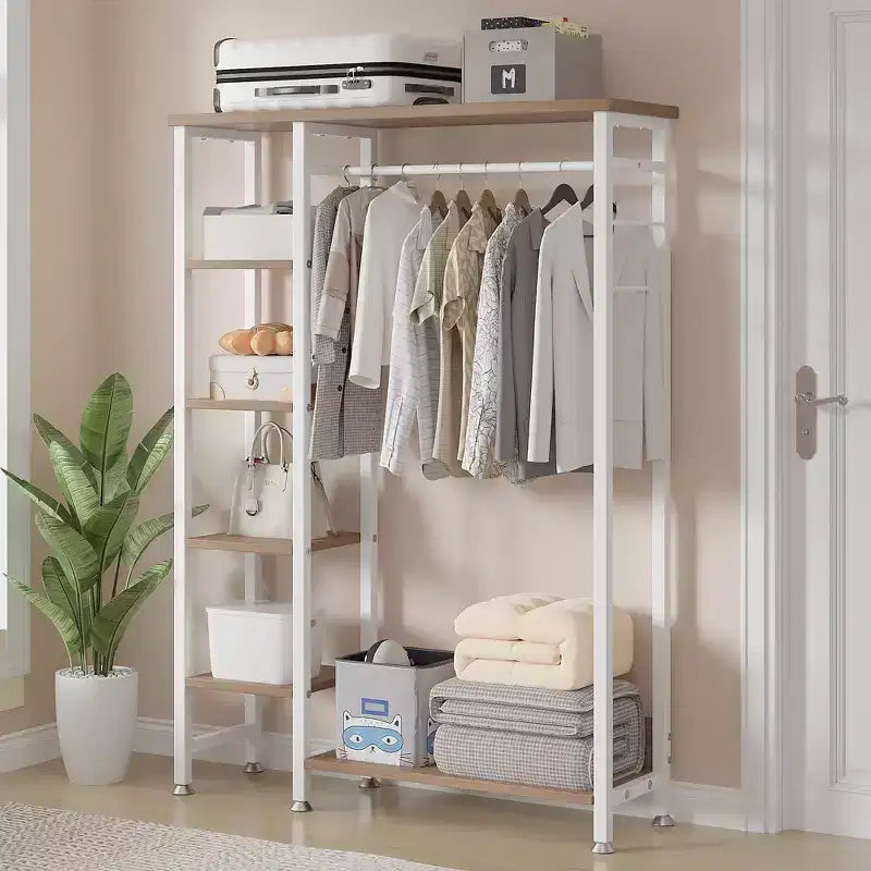 Portant à Vêtements Ouvert avec Étagères et Tringle, Marron/Chêne/Blanc, Simple