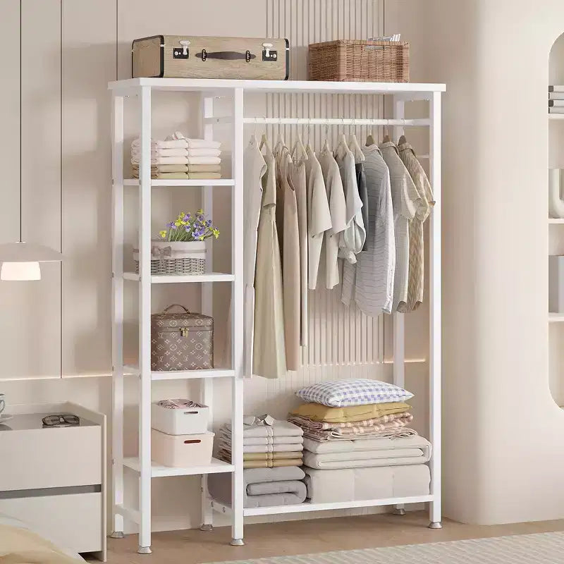 Portant à Vêtements Ouvert avec Étagères et Tringle, Marron/Chêne/Blanc, Simple