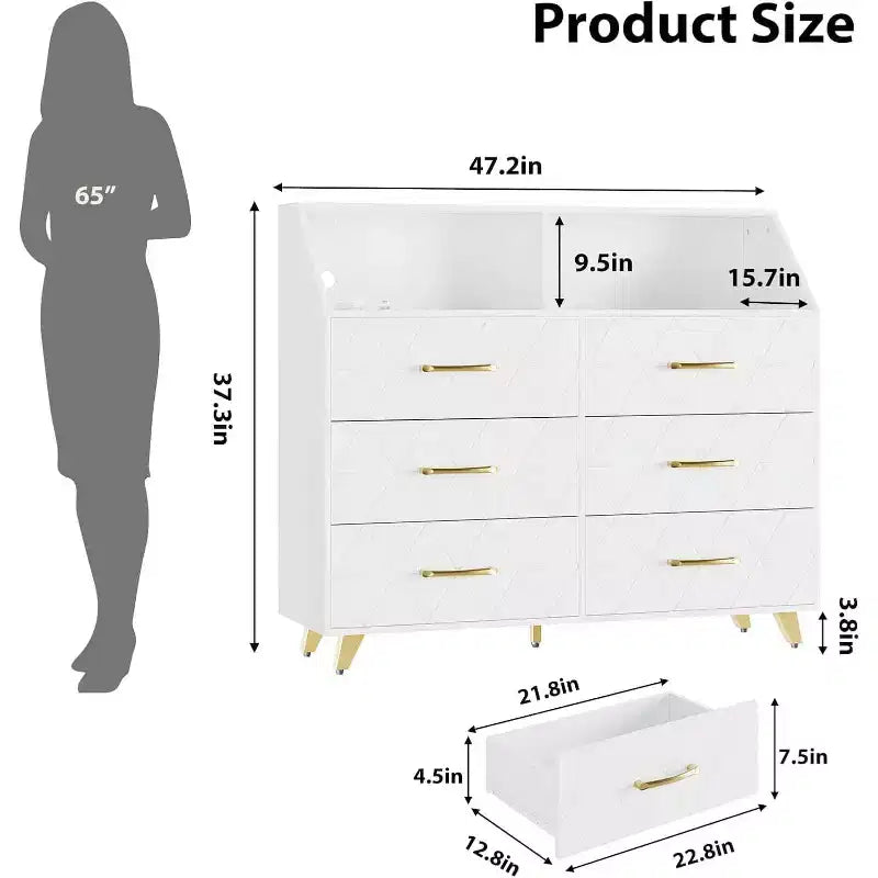 Commode moderne à 6 tiroirs Noir/Rose/Blanc avec lumières LED, pour 1