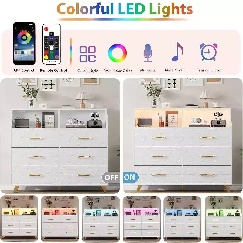 Commode moderne à 6 tiroirs Noir/Rose/Blanc avec lumières LED, pour 1