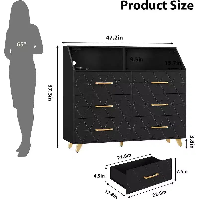 Commode moderne à 6 tiroirs Noir/Rose/Blanc avec lumières LED, pour 1