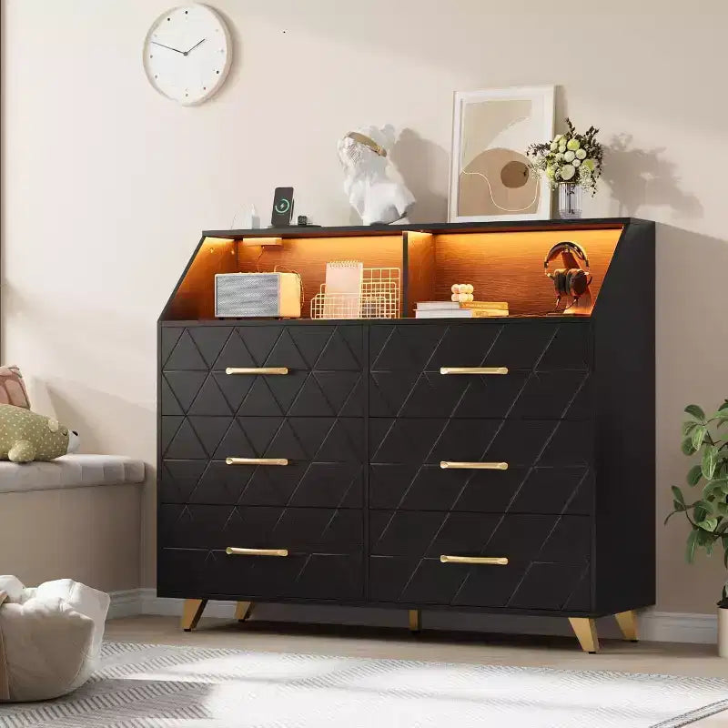 Commode moderne à 6 tiroirs Noir/Rose/Blanc avec lumières LED, pour 1