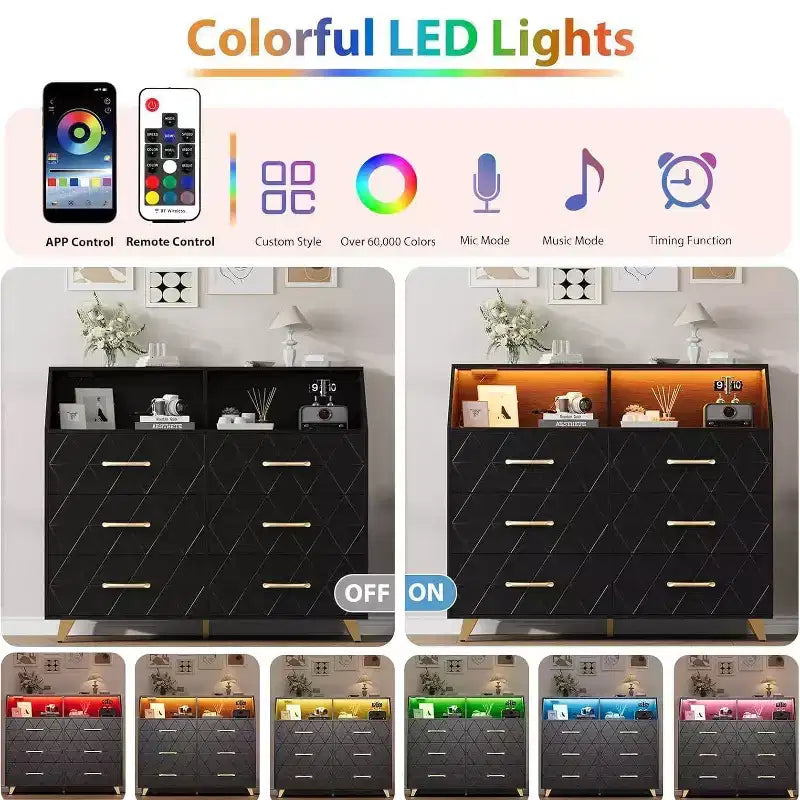 Commode moderne à 6 tiroirs Noir/Rose/Blanc avec lumières LED, pour 1