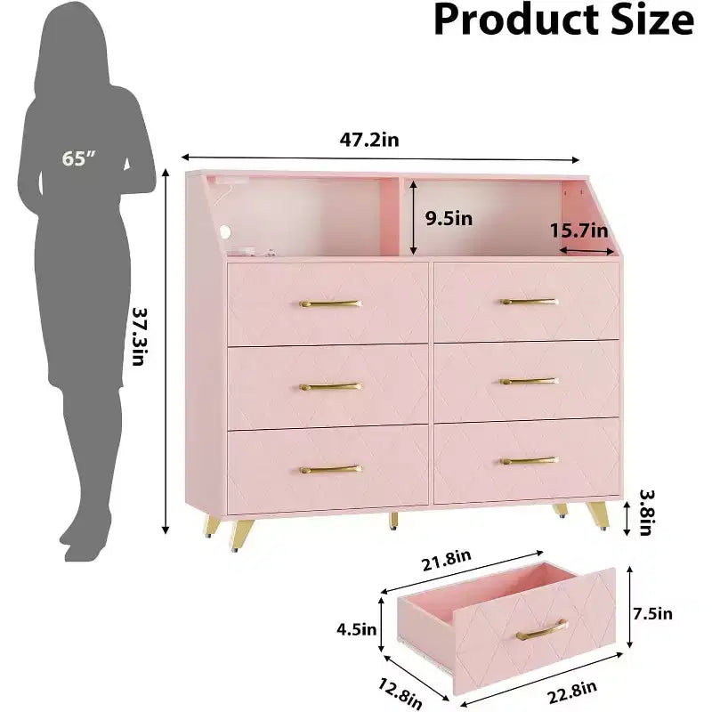 Commode moderne à 6 tiroirs Noir/Rose/Blanc avec lumières LED, pour 1