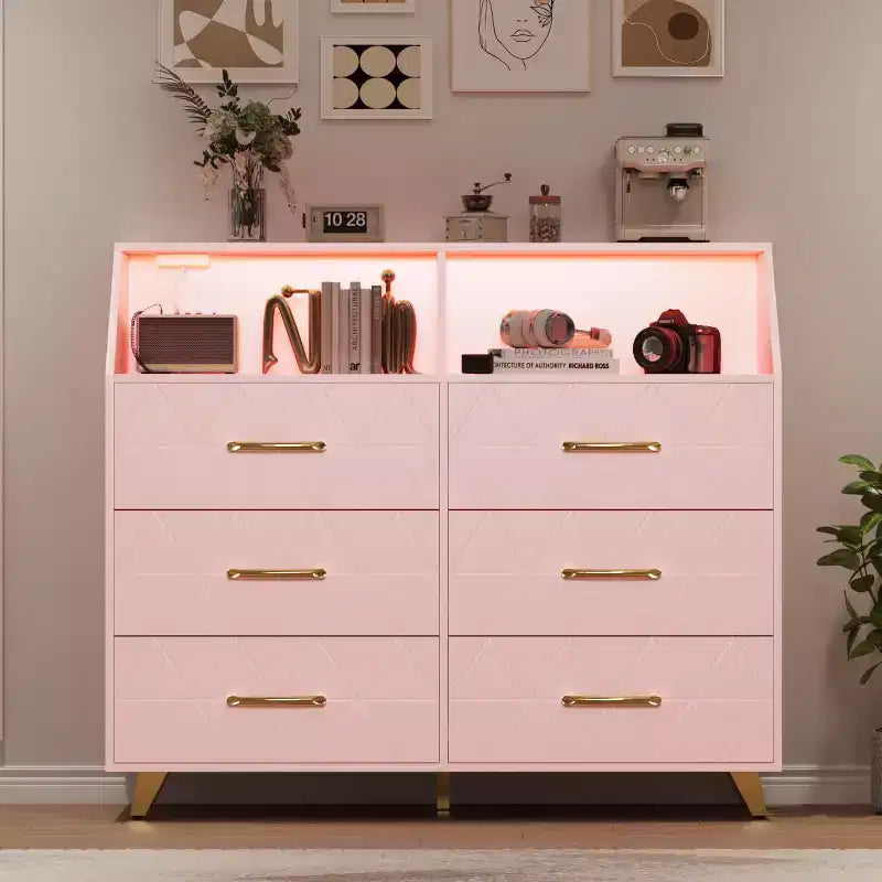 Commode moderne à 6 tiroirs Noir/Rose/Blanc avec lumières LED, pour 1