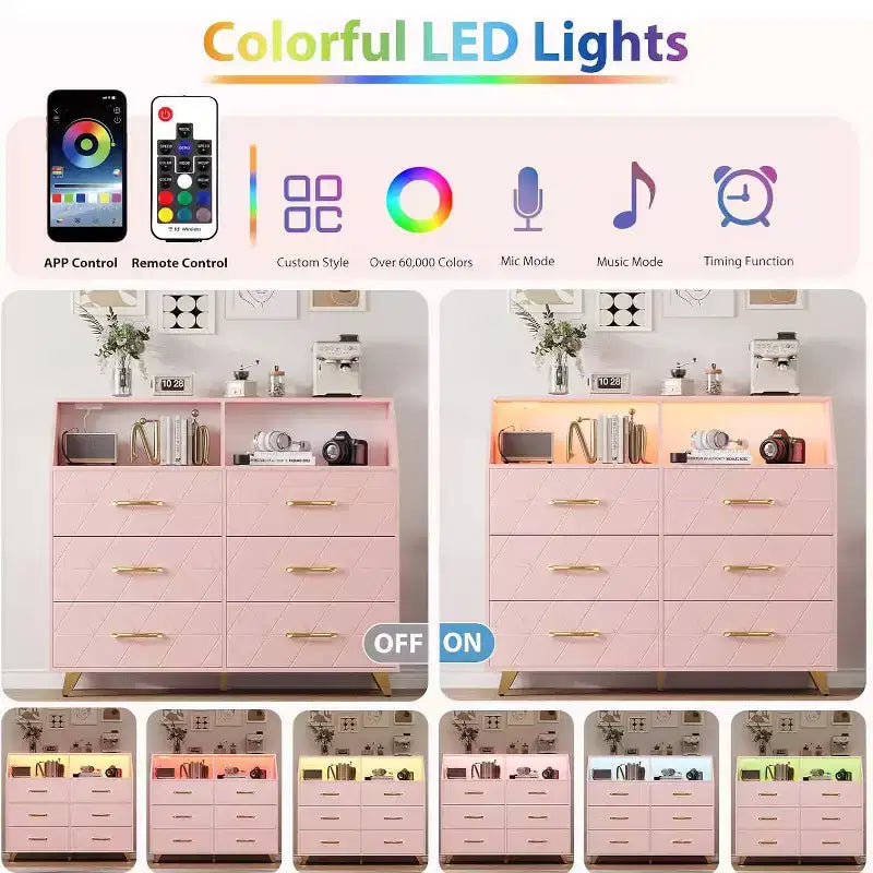 Commode moderne à 6 tiroirs Noir/Rose/Blanc avec lumières LED, pour 1