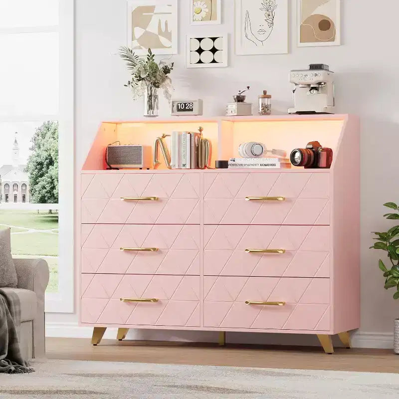 Commode moderne à 6 tiroirs Noir/Rose/Blanc avec lumières LED, pour 1