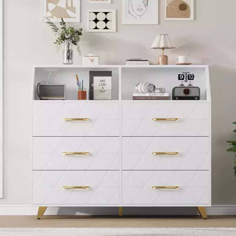 Commode moderne à 6 tiroirs Noir/Rose/Blanc avec lumières LED, pour 1