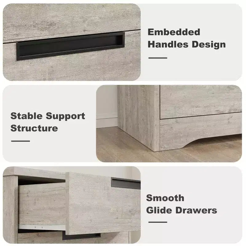 Commode en bois grise à 5 tiroirs avec poignées intégrées