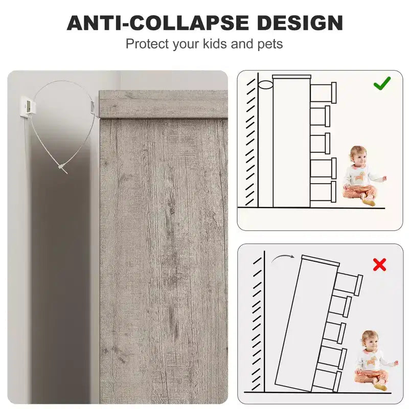 Commode en bois grise à 5 tiroirs avec poignées intégrées