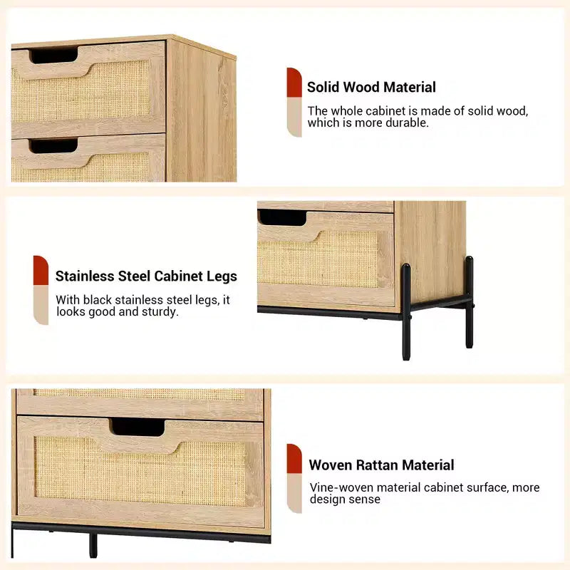 Commode en rotin – Noir+Chêne / Chêne, 5 ou 6 tiroirs