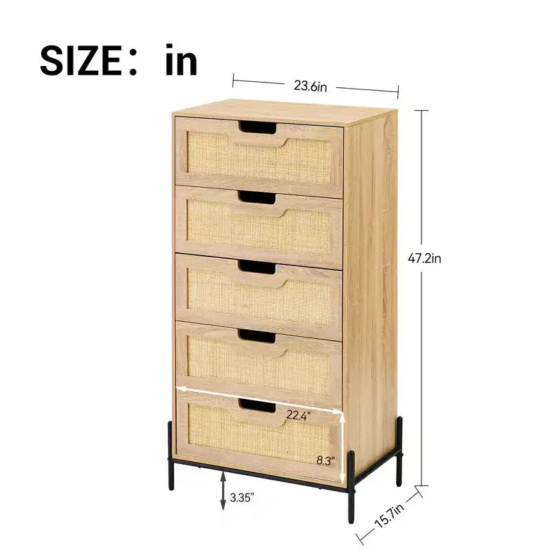 Commode en rotin – Noir+Chêne / Chêne, 5 ou 6 tiroirs