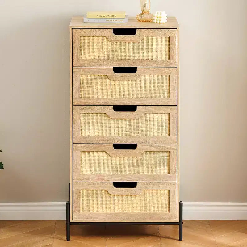 Commode en rotin – Noir+Chêne / Chêne, 5 ou 6 tiroirs