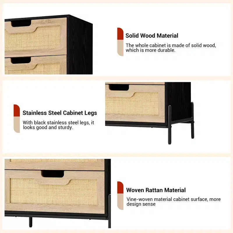 Commode en rotin – Noir+Chêne / Chêne, 5 ou 6 tiroirs