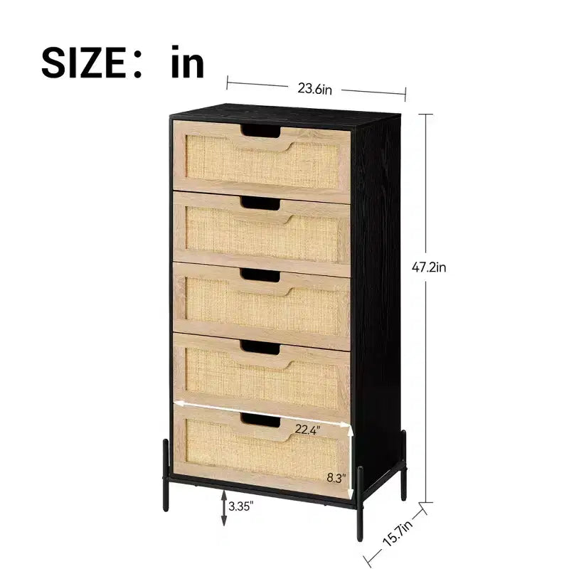 Commode en rotin – Noir+Chêne / Chêne, 5 ou 6 tiroirs