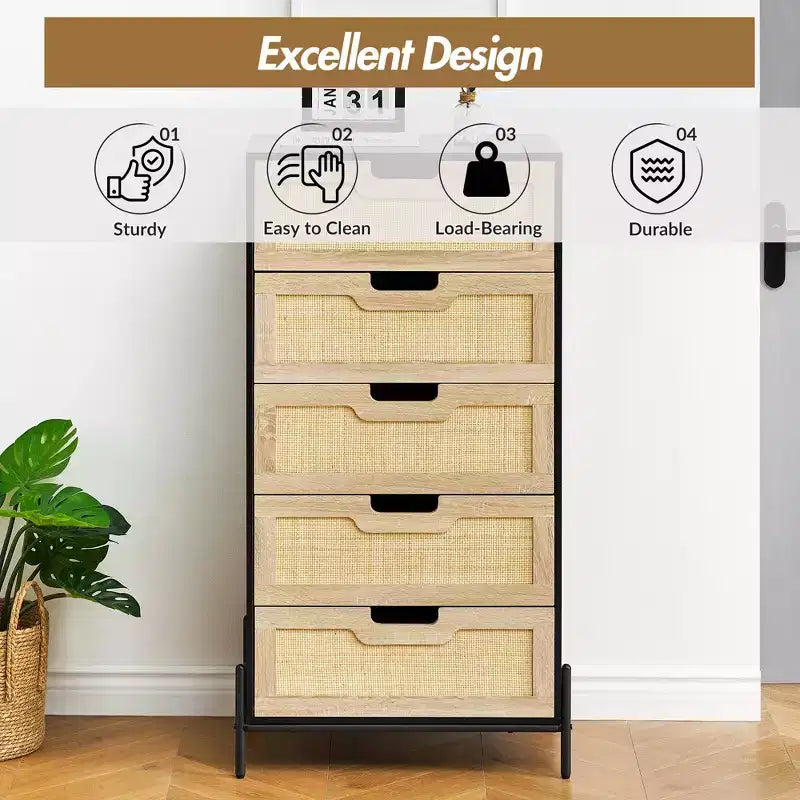 Commode en rotin – Noir+Chêne / Chêne, 5 ou 6 tiroirs