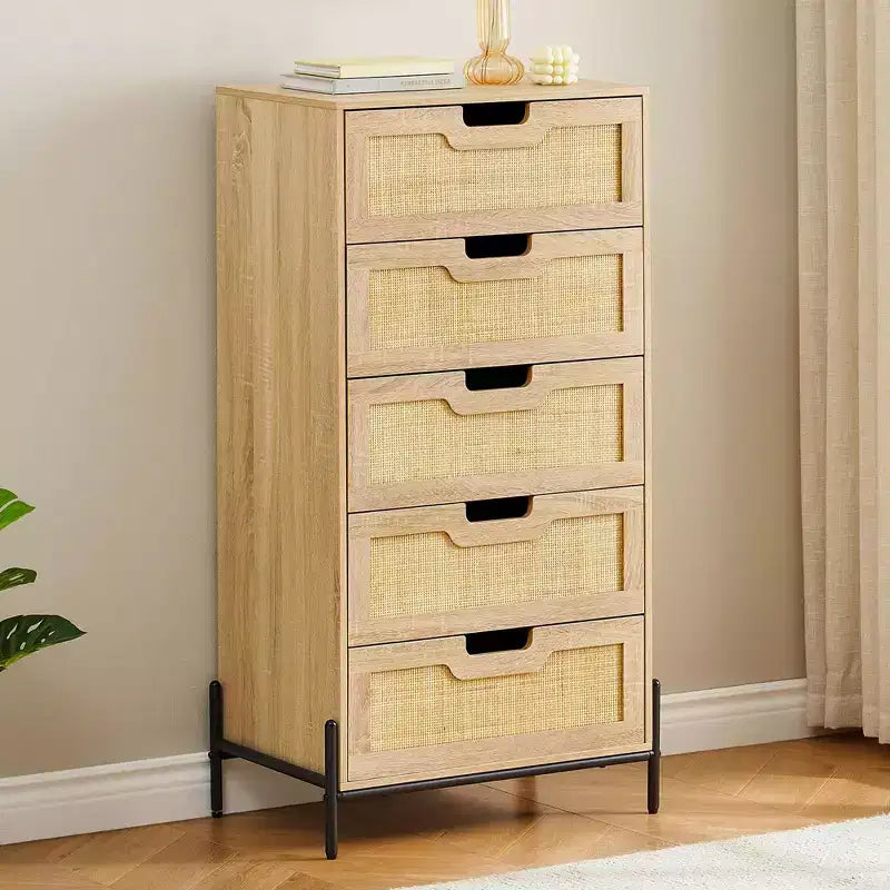 Commode en rotin – Noir+Chêne / Chêne, 5 ou 6 tiroirs