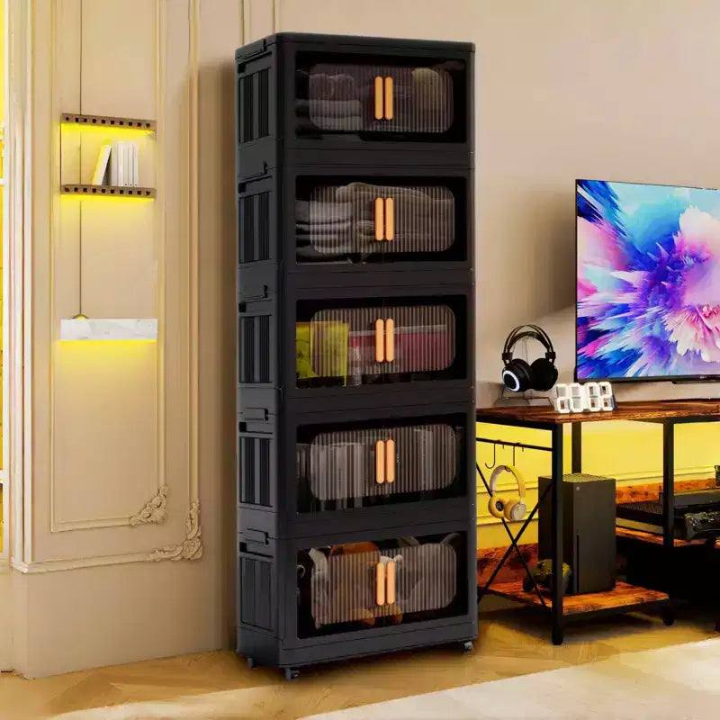 Meuble de rangement pliant noir à 5 niveaux avec roulettes et porte magnétique