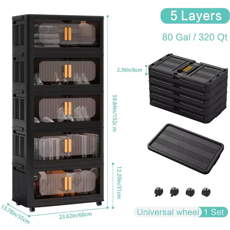 Meuble de rangement pliant noir à 5 niveaux avec roulettes et porte magnétique