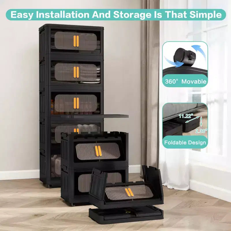Meuble de rangement pliant noir à 5 niveaux avec roulettes et porte magnétique