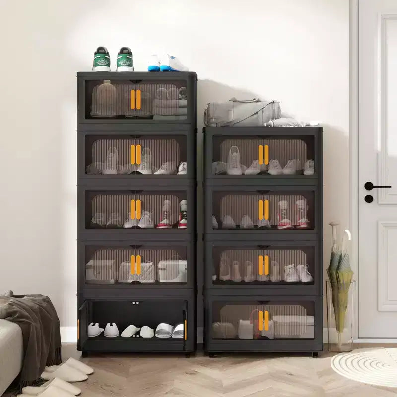 Meuble de rangement pliant noir à 5 niveaux avec roulettes et porte magnétique
