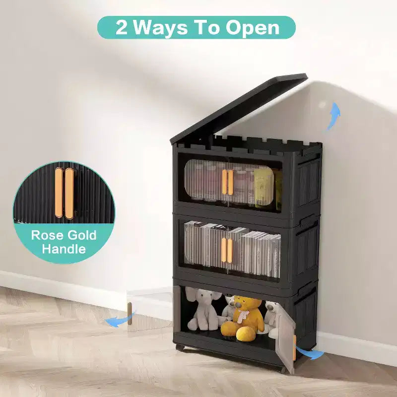 Meuble de rangement pliant noir à 5 niveaux avec roulettes et porte magnétique