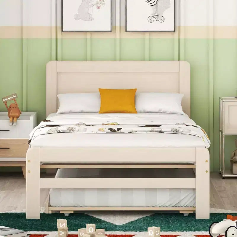 Lit plateforme double avec lit gigogne – Gris / Noyer / Blanc délavé, 2 couchages