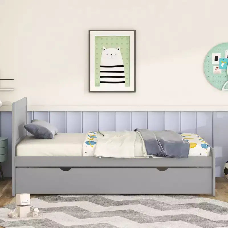 Lit plateforme double avec lit gigogne – Gris / Noyer / Blanc délavé, 2 couchages