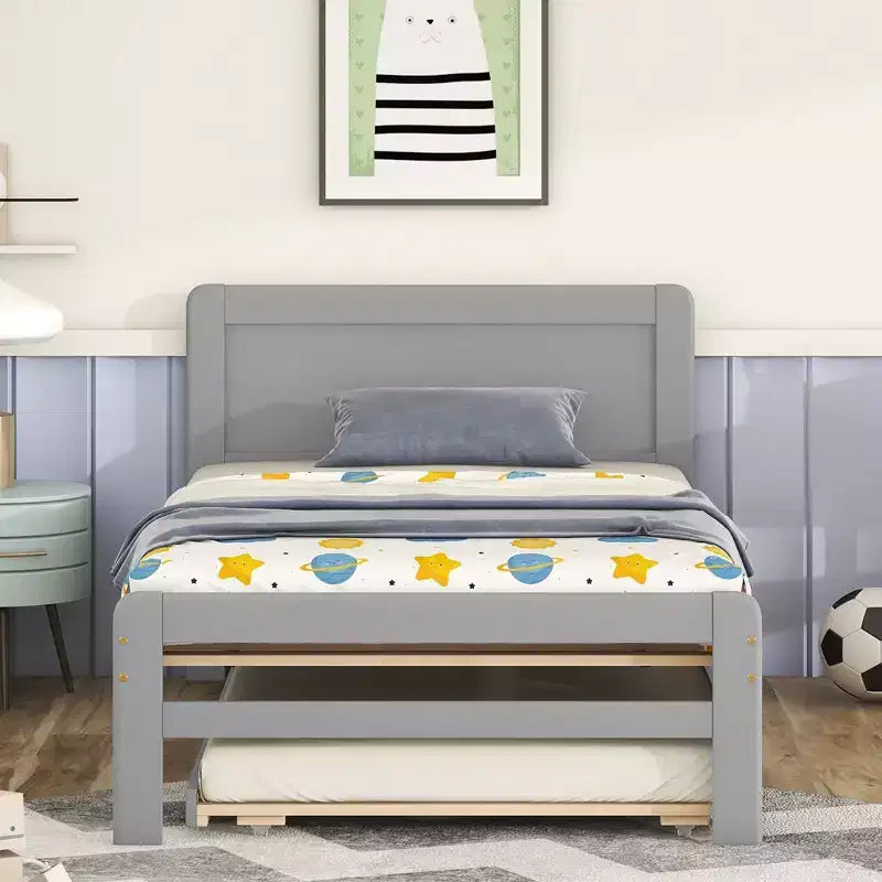 Lit plateforme double avec lit gigogne – Gris / Noyer / Blanc délavé, 2 couchages