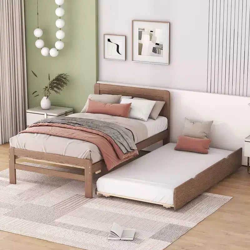 Lit plateforme double avec lit gigogne – Gris / Noyer / Blanc délavé, 2 couchages